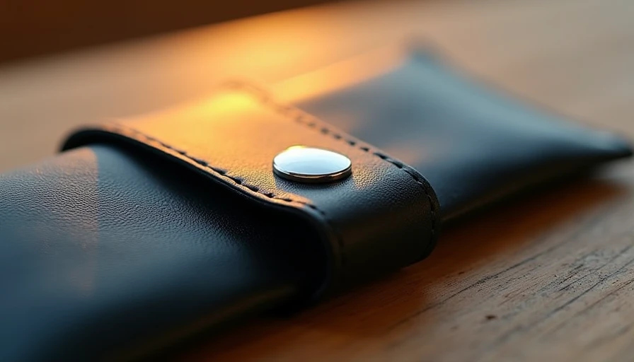 A macro close-up of a partially open magnetic sunglass holder, showing a recessed silver magnet embedded in a black leather flap and a slightly stretched elastic fabric gusset, with warm golden-hour lighting highlighting the leather grain and metallic reflection.