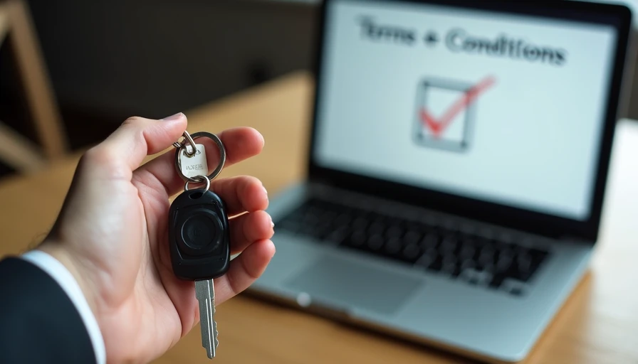 A hand holding a car key next to a laptop screen displaying a terms of service checkbox, representing user account responsibilities and acceptable use of Honest Mileage.