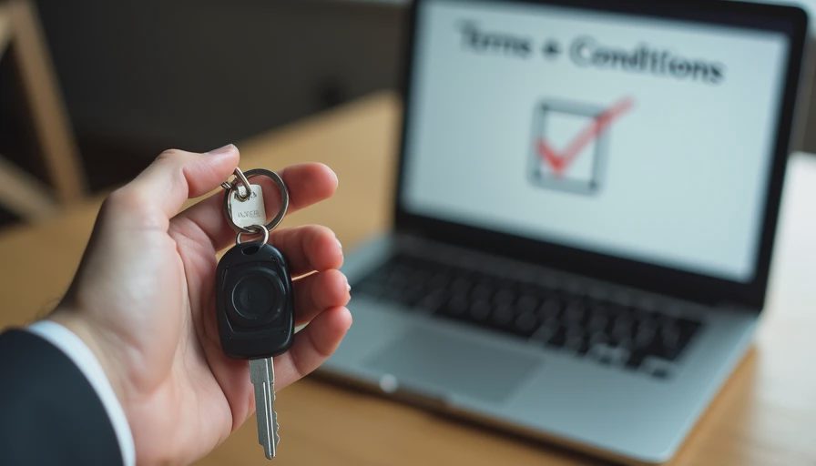 A hand holding a car key next to a laptop screen displaying a terms of service checkbox, representing user account responsibilities and acceptable use of Honest Mileage.