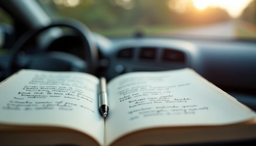 An open notebook with handwritten notes on a car dashboard, symbolizing the agreement between readers and Honest Mileage as outlined in the Terms of Service.