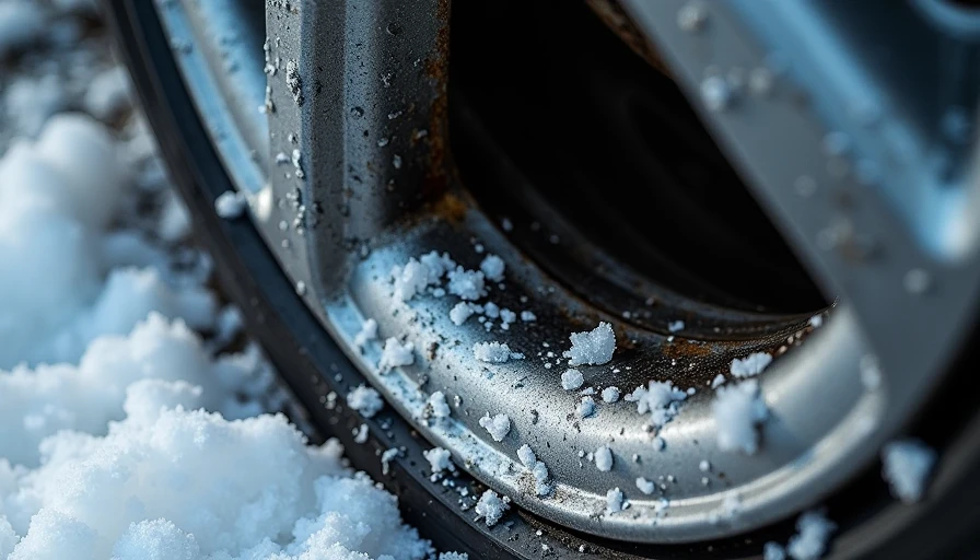 Close-up of car wheel well showing salt corrosion and winter wear