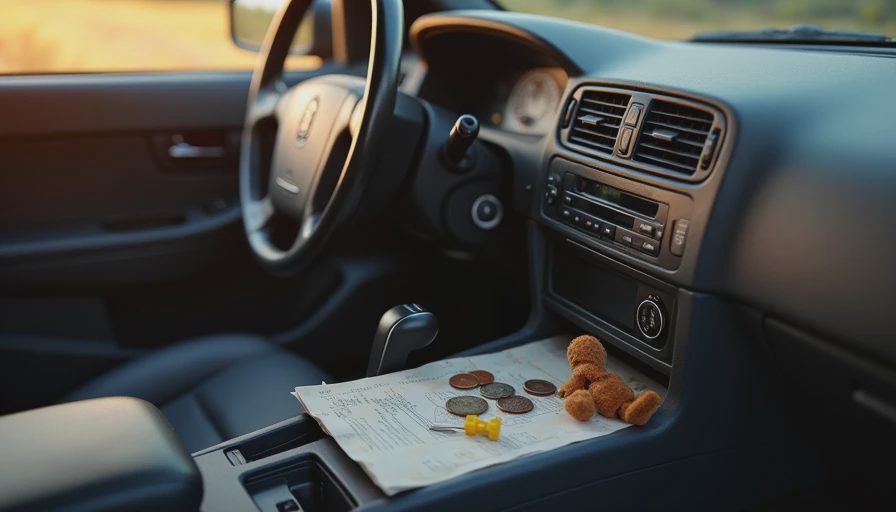 Empty center console with personal items during final clean-out of a long-owned car