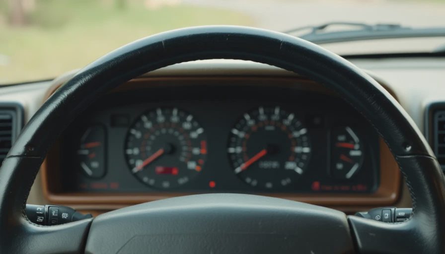Close-up of aged steering wheel and dash highlighting pre-breakdown feel