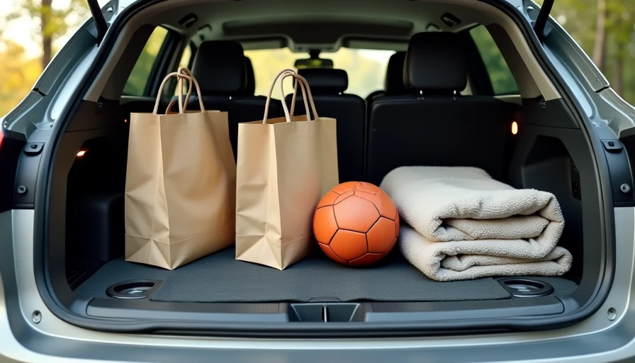 Open cargo area of a practical car loaded with family and grocery items