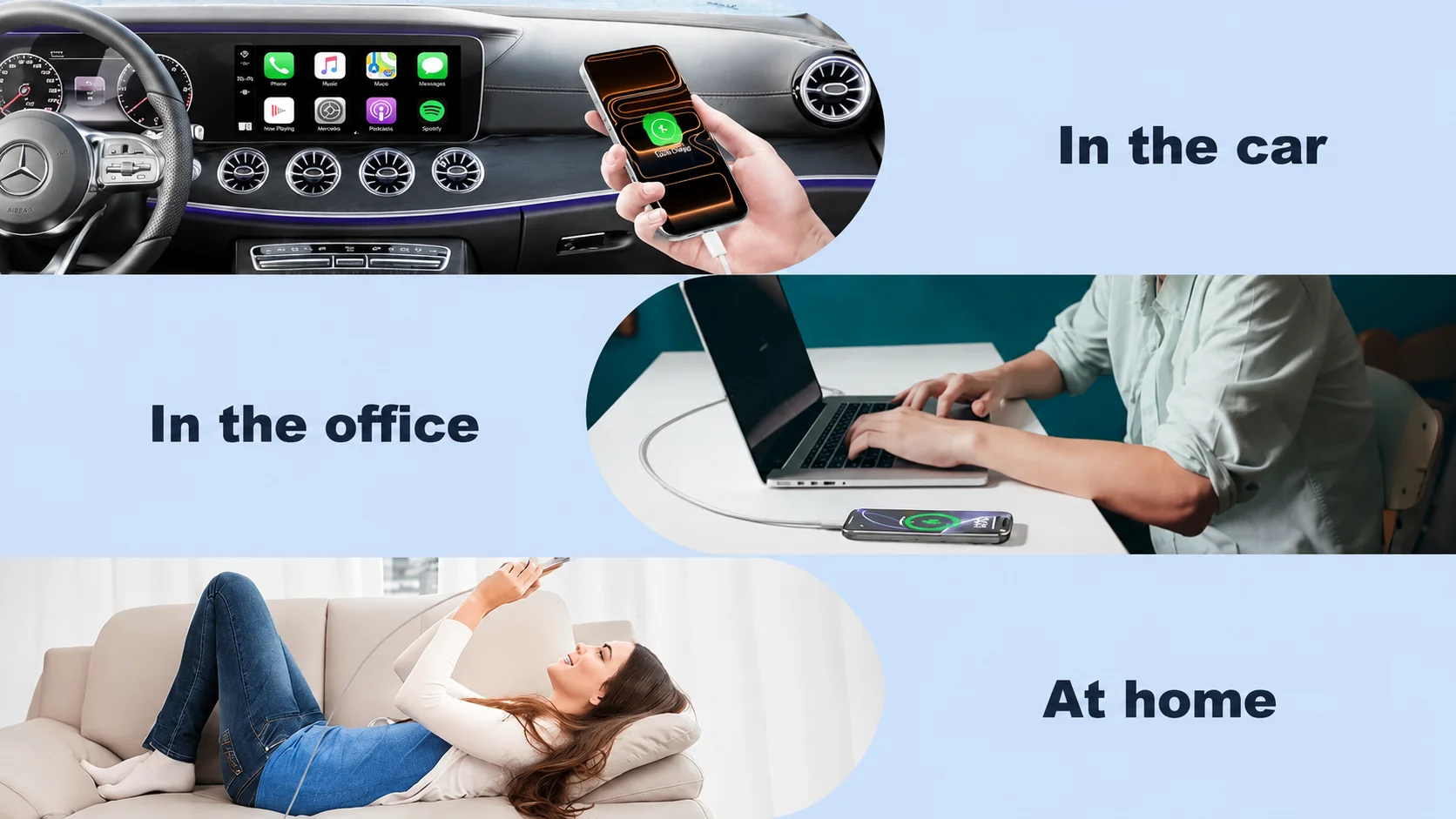 Multi-scenario phone charging cable usage in the car, in the office, and at home