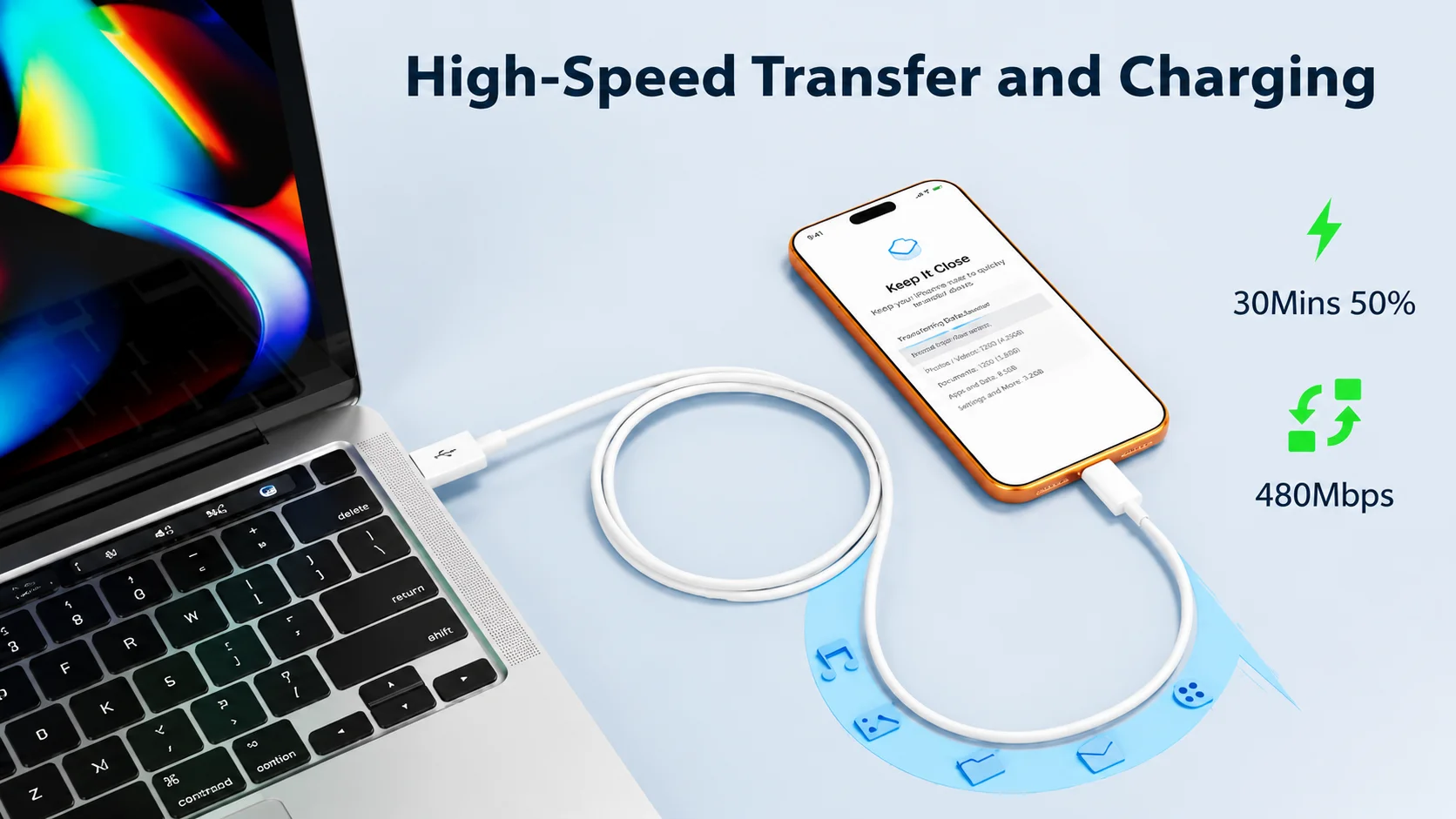 High-speed data transfer and charging cable connecting an iPhone to a laptop with 480Mbps speed icon
