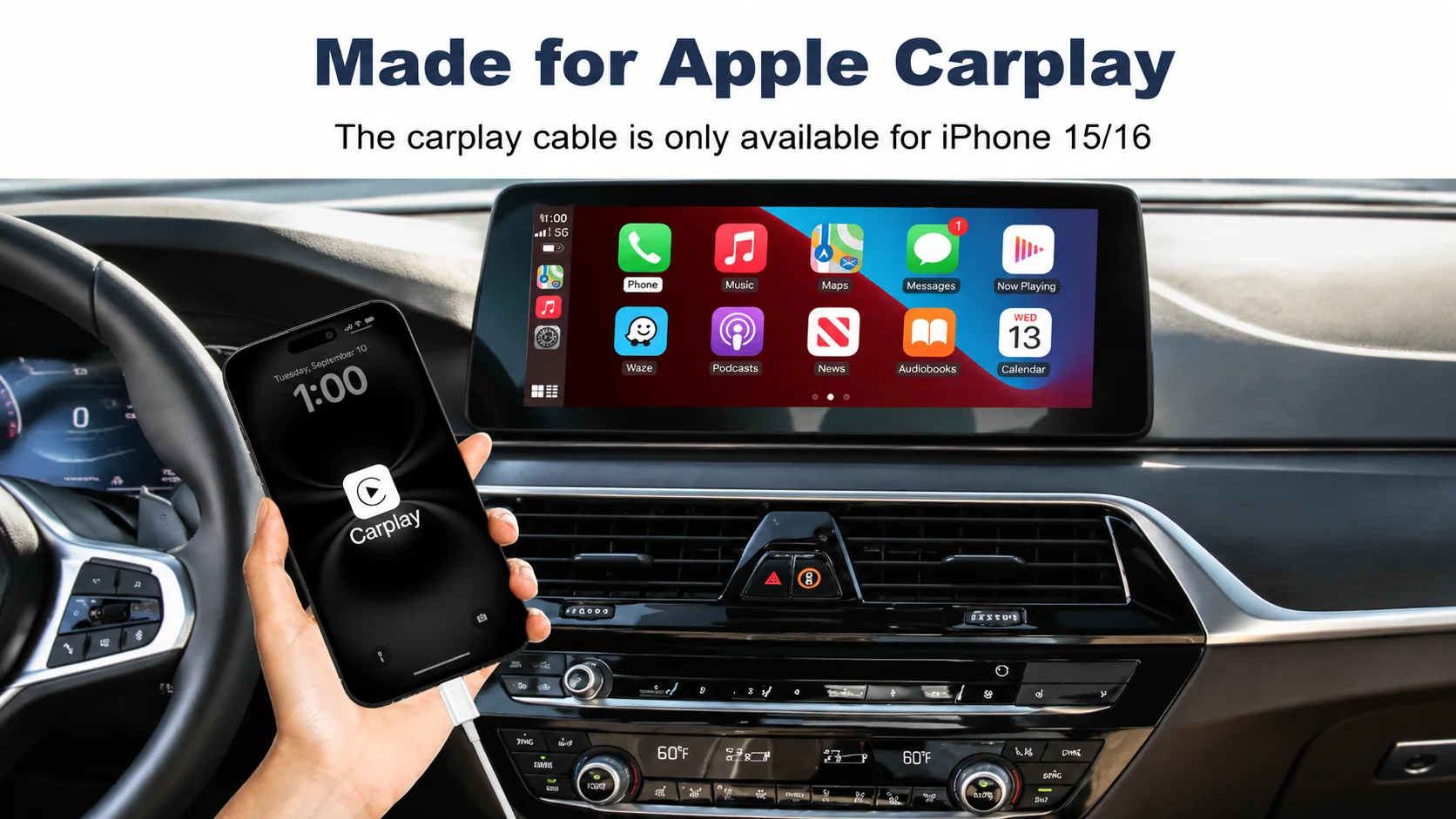 USB-C CarPlay cable connecting iPhone 15 or iPhone 16 to a car dashboard display screen