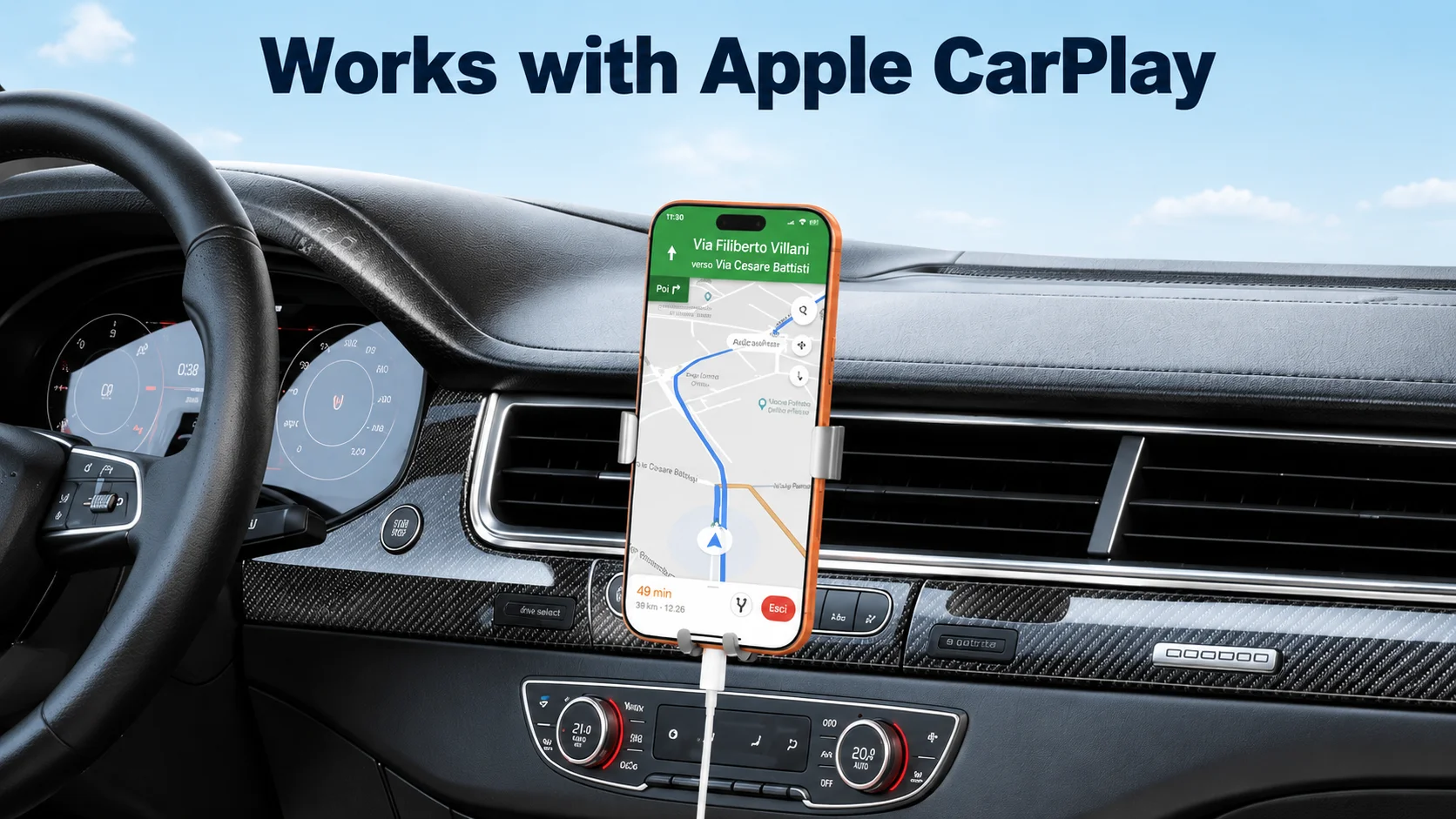 iPhone showing GPS map navigation on a car vent phone mount with Works with Apple CarPlay text